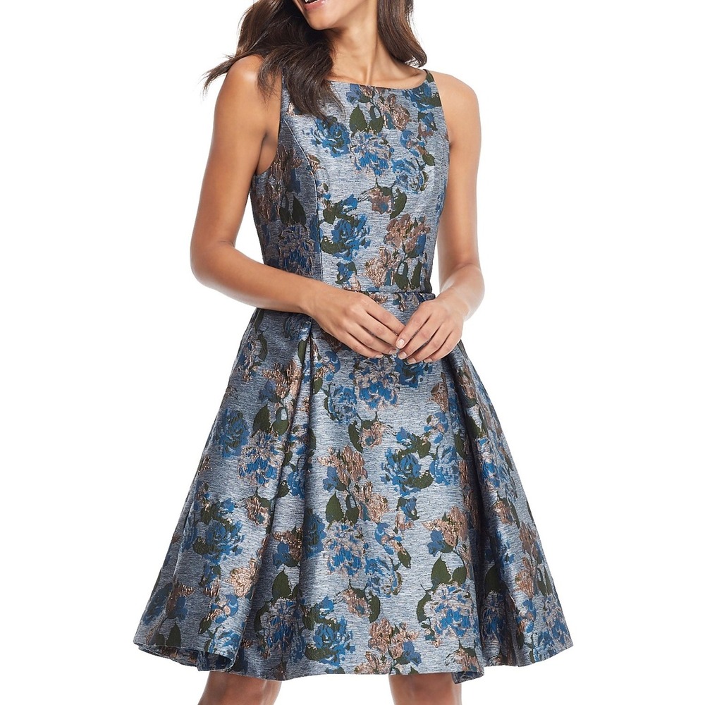 NWT Gal Meets Glam Blue Darryn Floral Brocade Fit Flare Dress Size 2‎